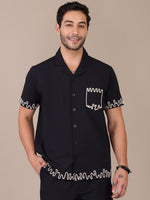 Pure Cotton Black Notch Collared Embroidered Casual Shirt For Men