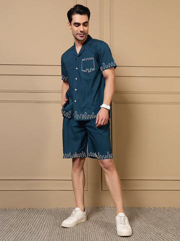 Teal Blue Cotton Embroidered Shirt With Shorts Men Co-ord Set