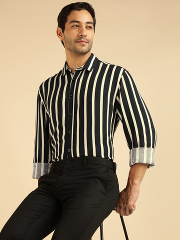 Black Striped Pure Rayon Men Formal Shirt