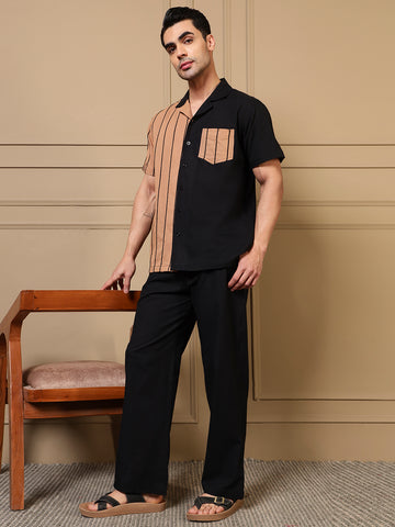 Black Colour Blocked Shirt With Pant Men Co-ord Set