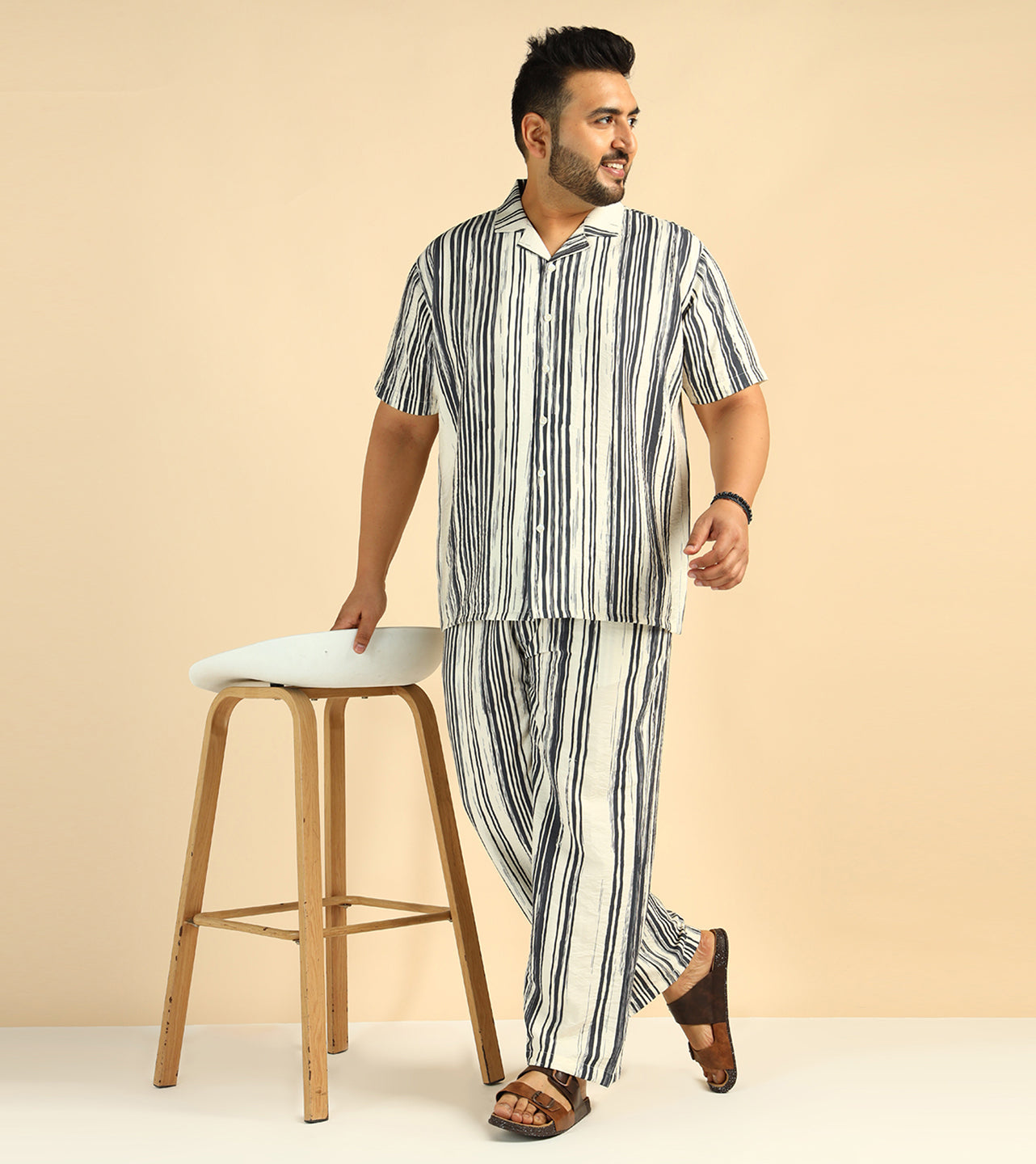 Grey Striped Printed Men Plus Size Co-Ord Set