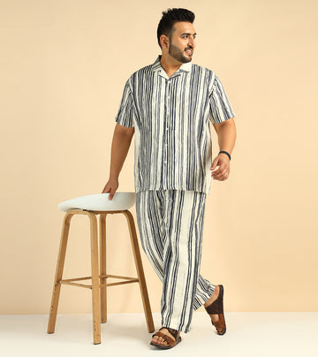 Grey Striped Printed Men Plus Size Co-Ord Set