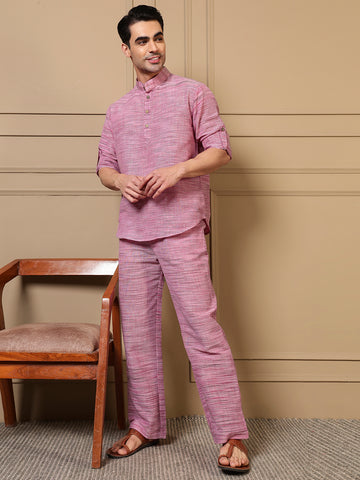 Pink Cotton Textured Kurta With Pant Men Co-ord Set