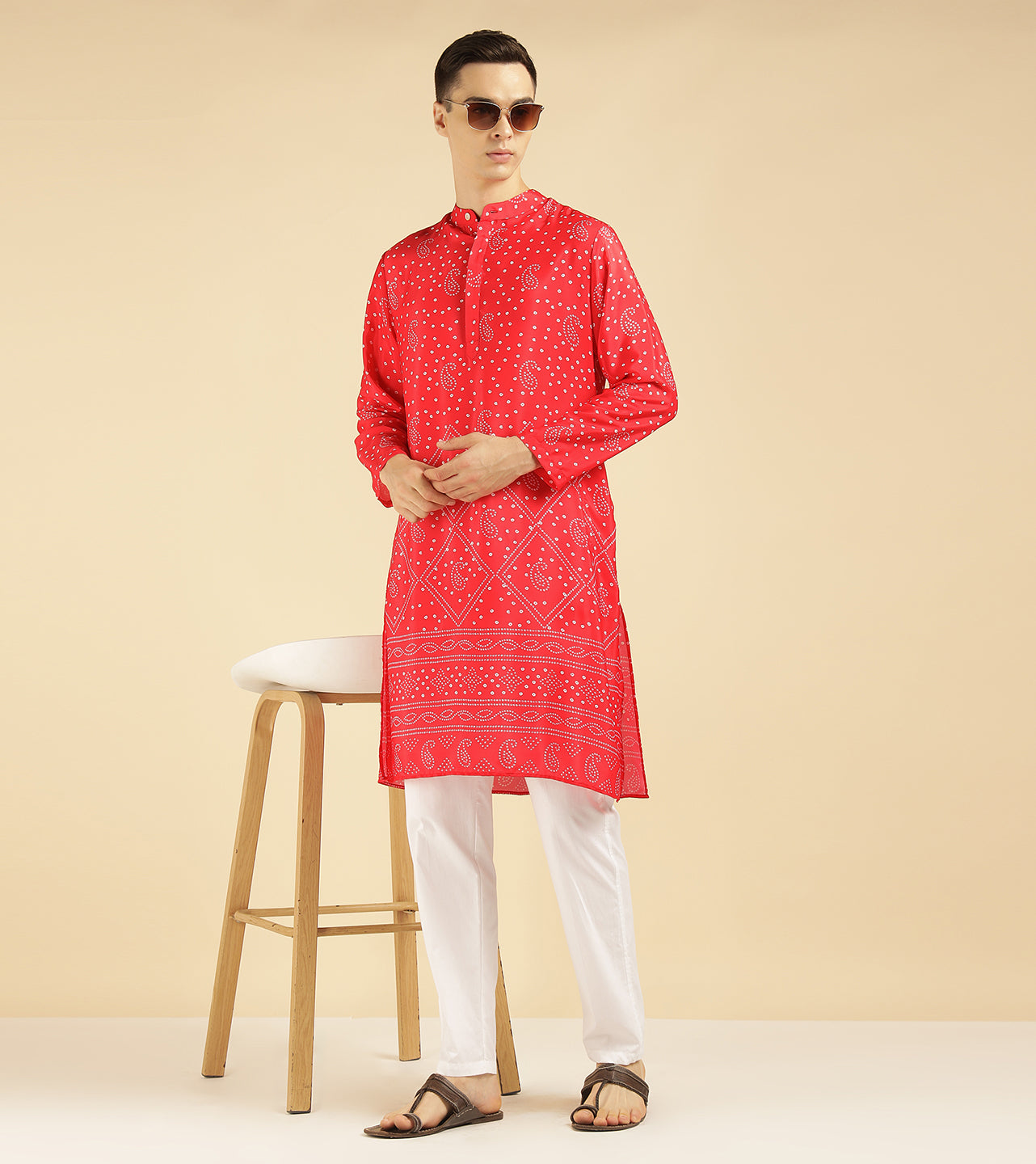Red Paisley Bandhani Printed Ethnic Kurta For Men