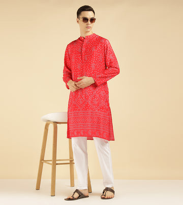 Red Paisley Bandhani Printed Ethnic Kurta For Men
