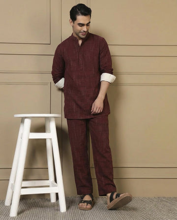 Maroon Cotton Textured Pleated Kurta With Pant Men Co-ord Set