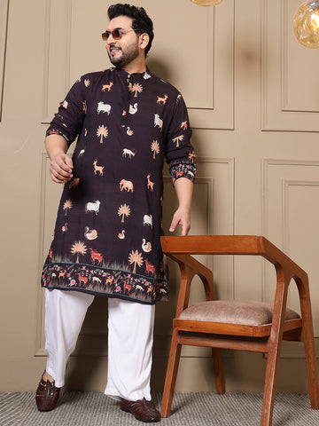 Black Animal Border Printed Men Plus Size Kurta
