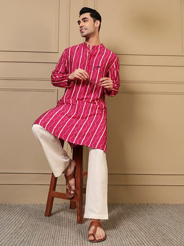 Magenta Bandhani Printed Men Kurta