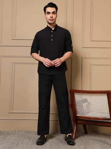 Black Cotton Kurta With Pant Men Co-ord Set