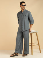 Grey Solid Pure Cotton Shirt With Pants Co-Ord Set For Men