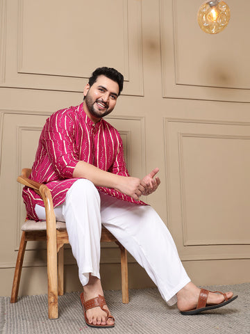 Magenta Bandhani Printed Men Plus Size Kurta