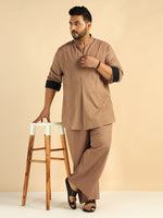 Beige Solid Colour Pure Cotton Plus Size Co-Ord Set For Men