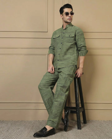 Cotton Mint Green Blue Textured Kurta With Pant Men Co-ord Set