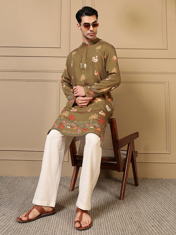 Olive Green Animal Border Printed Men Kurta
