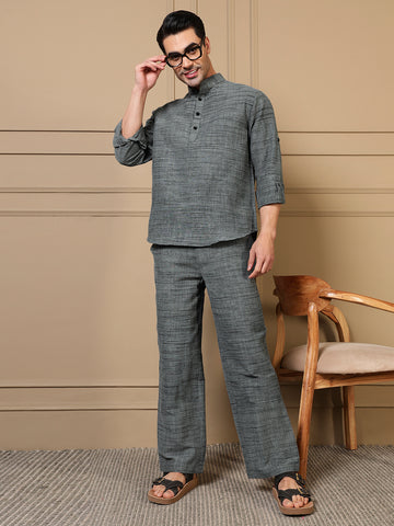 Grey Cotton Textured Printed Men Co-ord Set