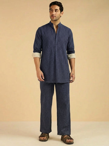 Navy Blue Cotton Textured Pleated Kurta With Pant Men Co-ord Set