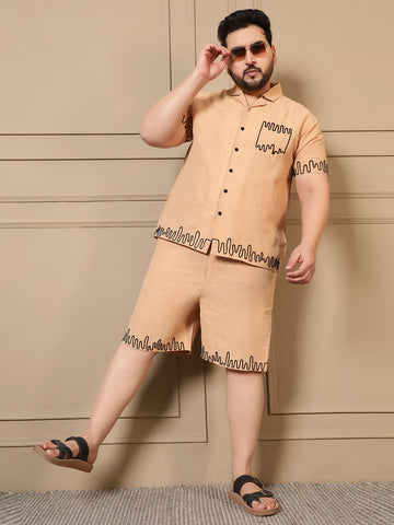 Beige Cotton Embroidered Shirt With Shorts Men Plus Size Co-ord Set