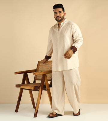 Off White Solid Colour Pure Cotton Plus Size Co-Ord Set For Men