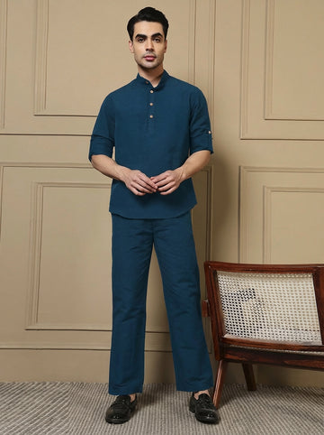 Teal Cotton Kurta With Pant Men Co-ord Set