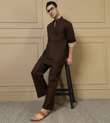 Dark Brown Solid Pure Cotton Shirt With Pants Co-Ord Set For Men