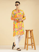 Lemon Yellow Floral Ethnic Kurta For Men