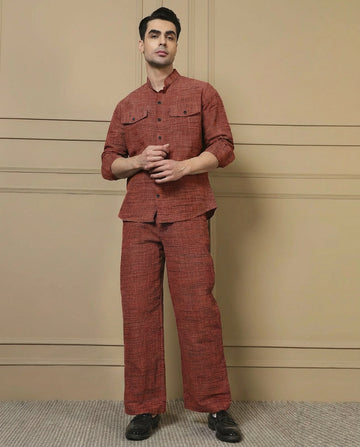 Cotton Tan Blue Textured Kurta With Pant Men Co-ord Set