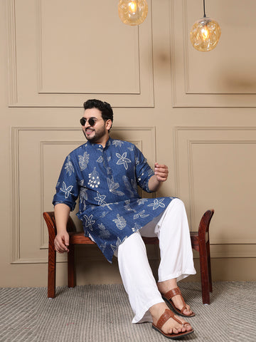 Blue Tropical Bird Printed Men Plus Size Kurta