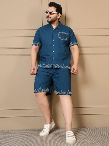 Teal Blue Cotton Embroidered Shirt With Shorts Men Plus Size Co-ord Set
