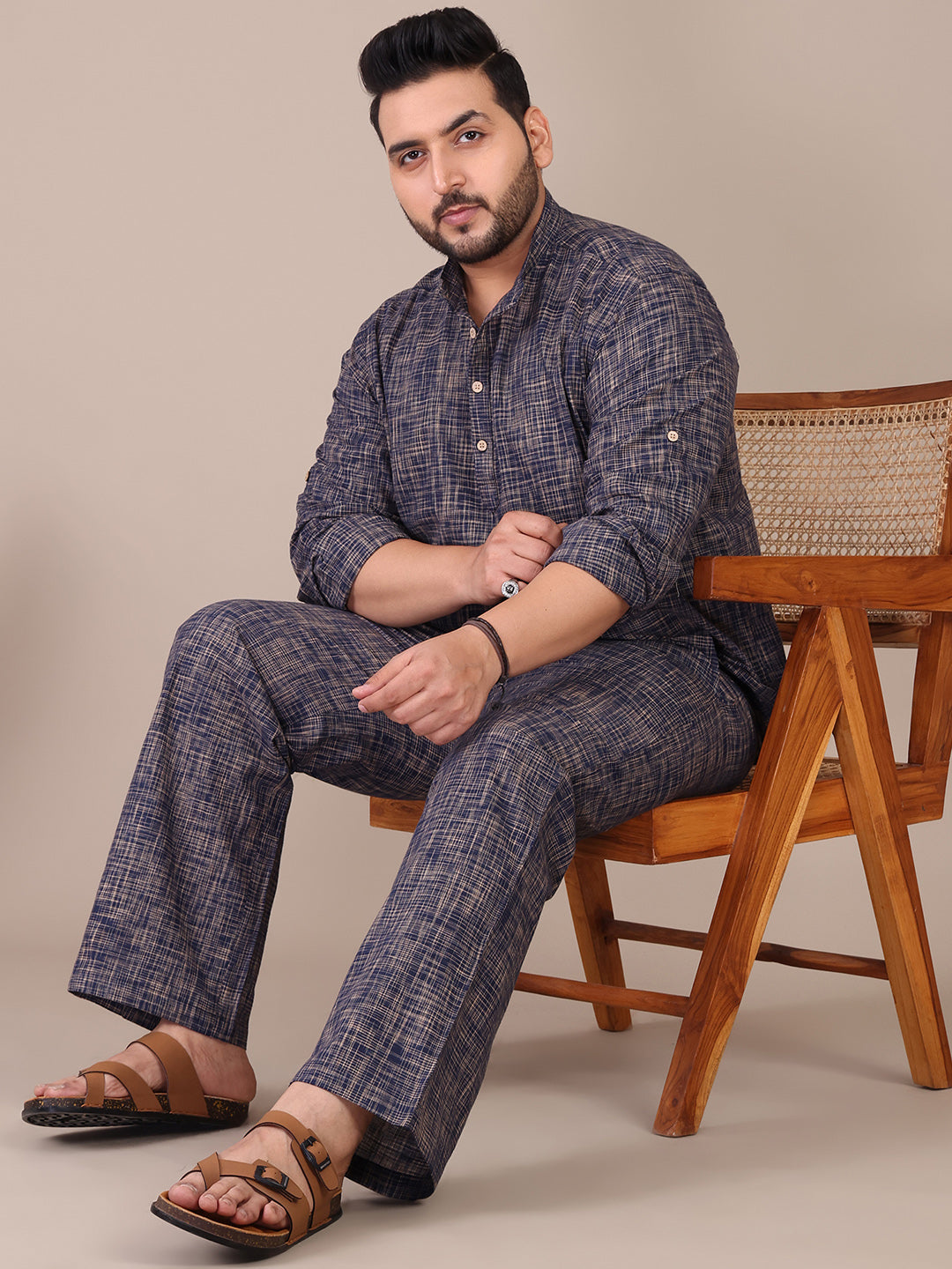 Pure Khadi Navy Blue Mandarin Collar Plus Size Co-Ord Set For Men