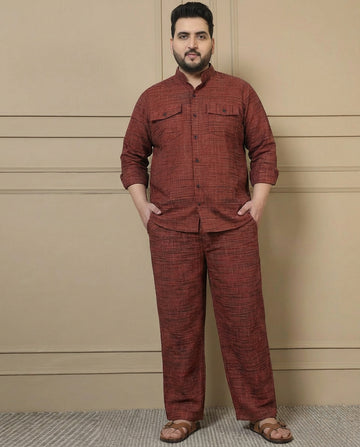 Cotton Tan Blue Textured Kurta With Pant Men Plus Size Co-ord Set