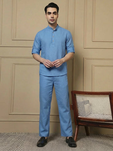 Sky Blue Cotton Kurta With Pant Men Co-ord Set