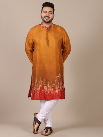Mustard Tie Dye Pure Muslin Collared Plus Size Kurta For Men