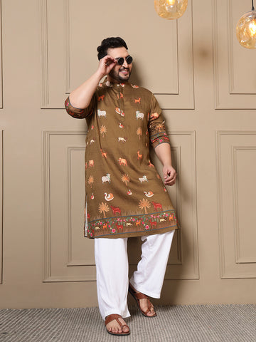 Olive Green Animal Border Printed Men Plus Size Kurta