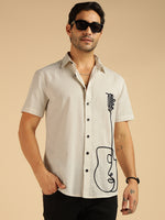 Pure Cotton Off White Embroidered Men Casual Shirt