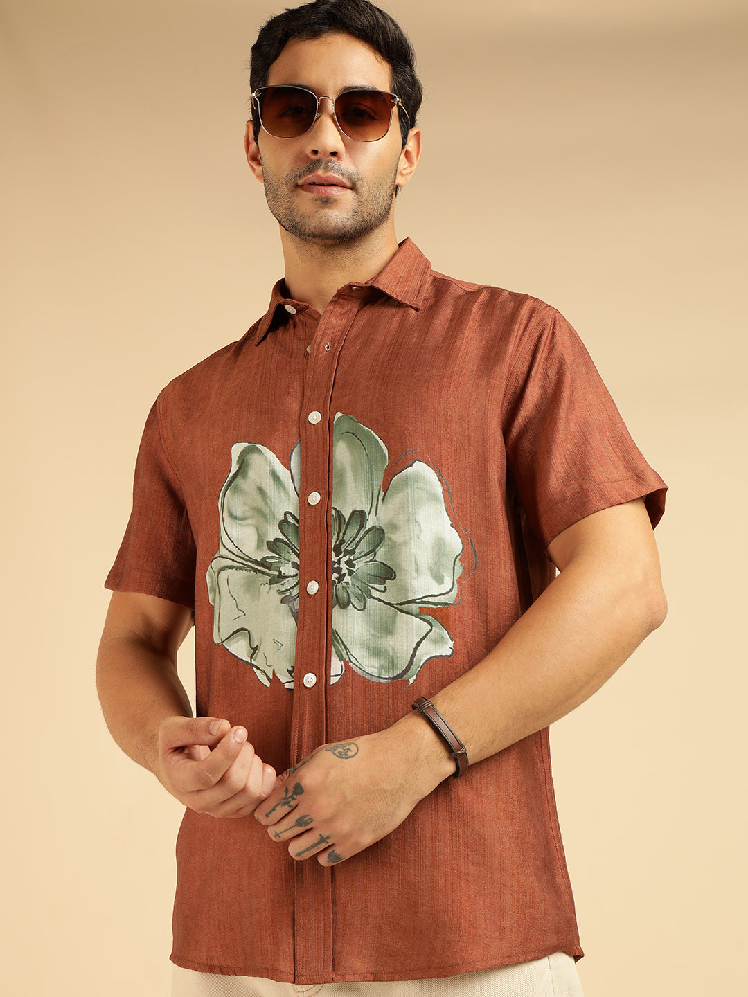 Tan Brown Placement Floral Printed Men Casual Shirt