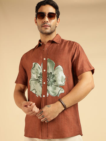 Tan Brown Placement Floral Printed Men Casual Shirt