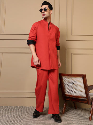 Red Orange Cotton Pleated Kurta With Pant Men Co-ord Set