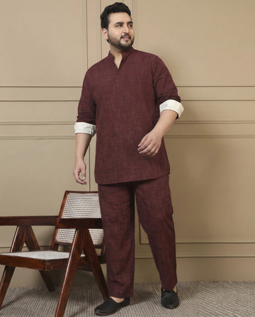 Maroon Cotton Textured Pleated Kurta With Pant Men Plus Size Co-ord Set