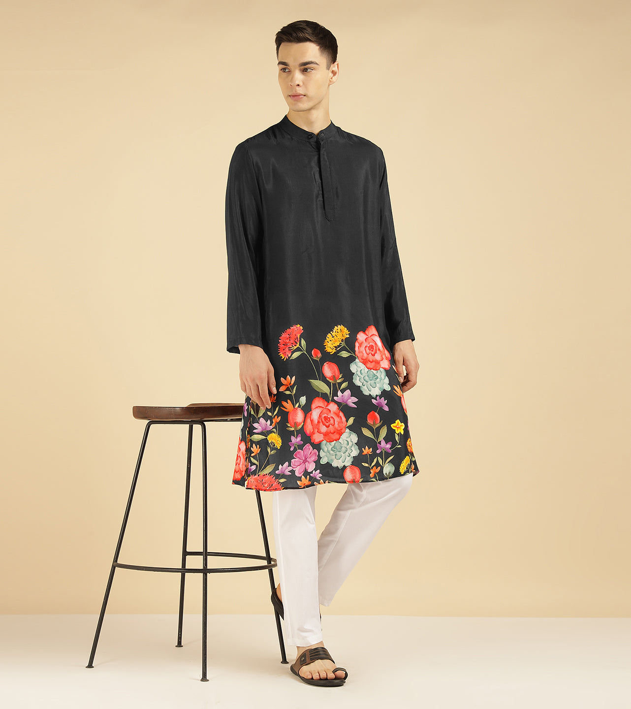 Black Floral Placement Printed Ethnic Kurta For Men
