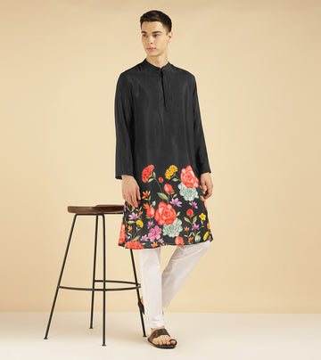 Black Floral Placement Printed Ethnic Kurta For Men