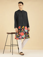 Black Floral Placement Printed Ethnic Kurta For Men