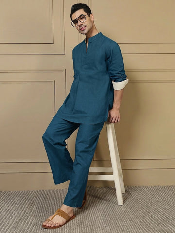 Teal Solid Pure Cotton Shirt With Pants Co-Ord Set For Men