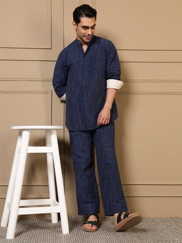 Navy Blue Cotton Textured Pleated Kurta With Pant Men Co-ord Set