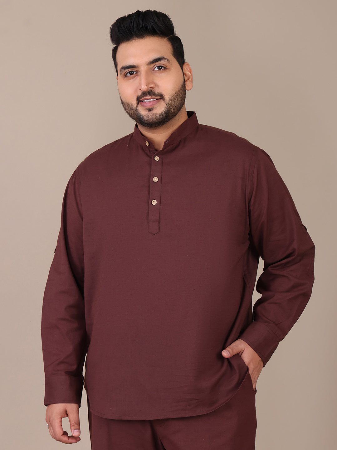 Pure Cotton Brown Mandarin Collar Plus Size Kurta For Men