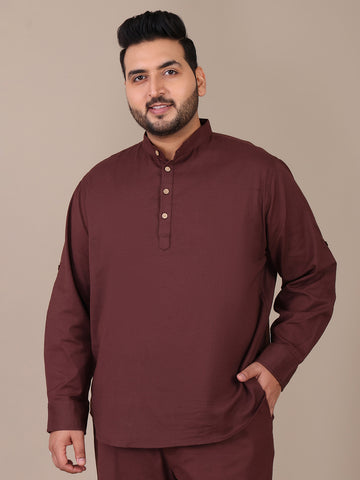 Pure Cotton Brown Mandarin Collar Plus Size Kurta For Men