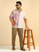 Off White Placement Floral Print With Striped Plus Size Casual Men Shirt