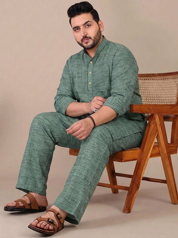 Pure Cotton Green Mandarin Collar Plus Size Co-Ord Set For Men
