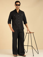 Black Solid Pure Cotton Shirt With Pants Co-Ord Set For Men