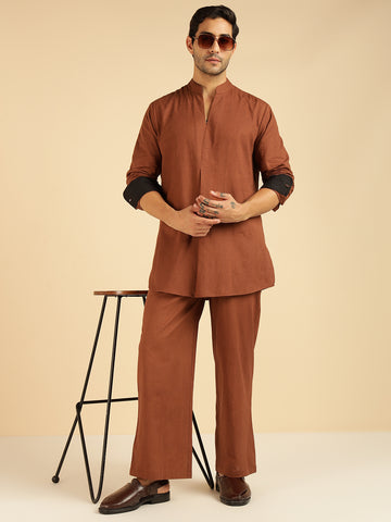 Tan Brown Solid Pure Cotton Shirt With Pants Co-Ord Set For Men