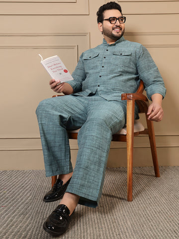 Cotton Teal Blue Textured Kurta With Pant Men Plus Size Co-ord Set